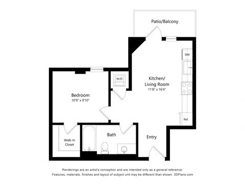 Floor plan for 1 bed, 1 bath, 536 sqft